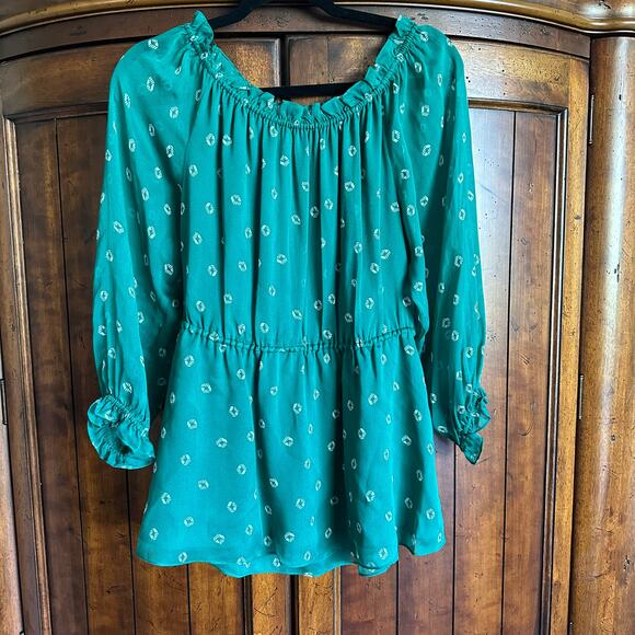Diane von Furstenberg Camila Top Green Geo Juniper Off the Shoulder Blouse 10 - Picture 4 of 10